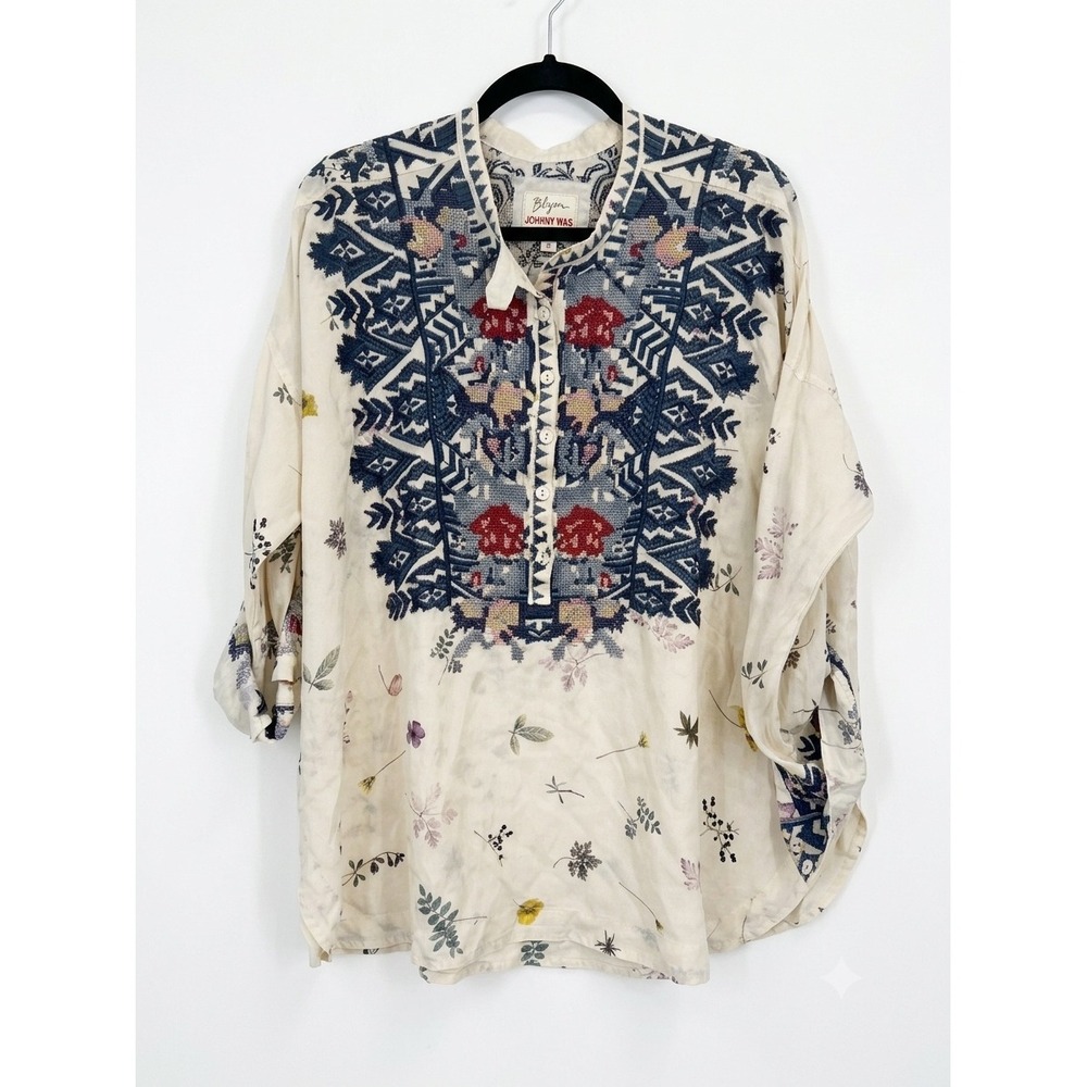 Biya Johnny Was Silk Embroidered Floral Blouse Cream Blue Boho Top Medium